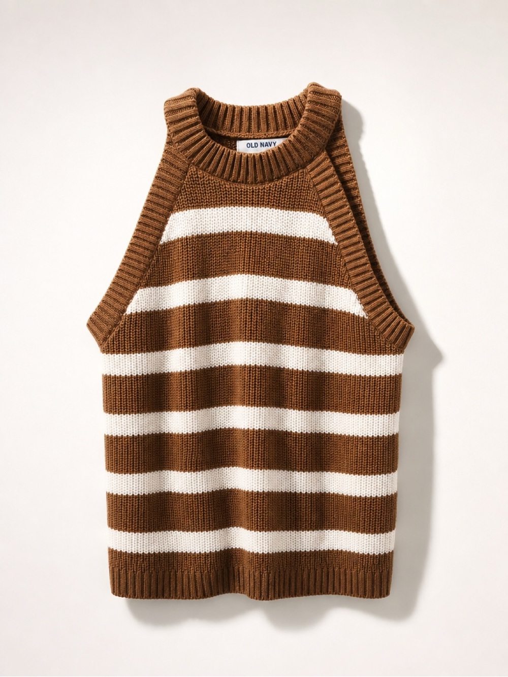 Old Navy Brown and White Striped Crewneck Sweater Vest